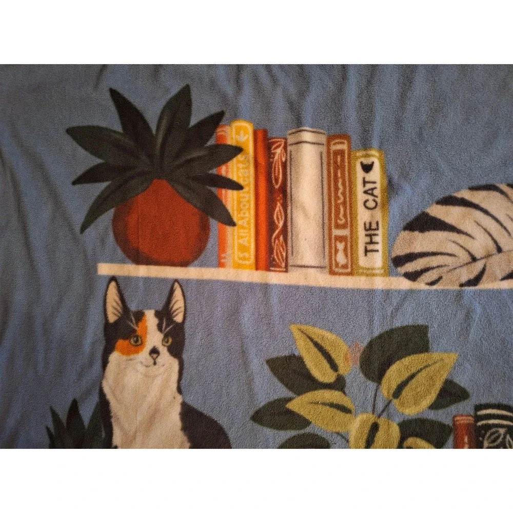 Handmade Fleece Tie Blanket Cats Books Plants Library Print Blue Throw 58